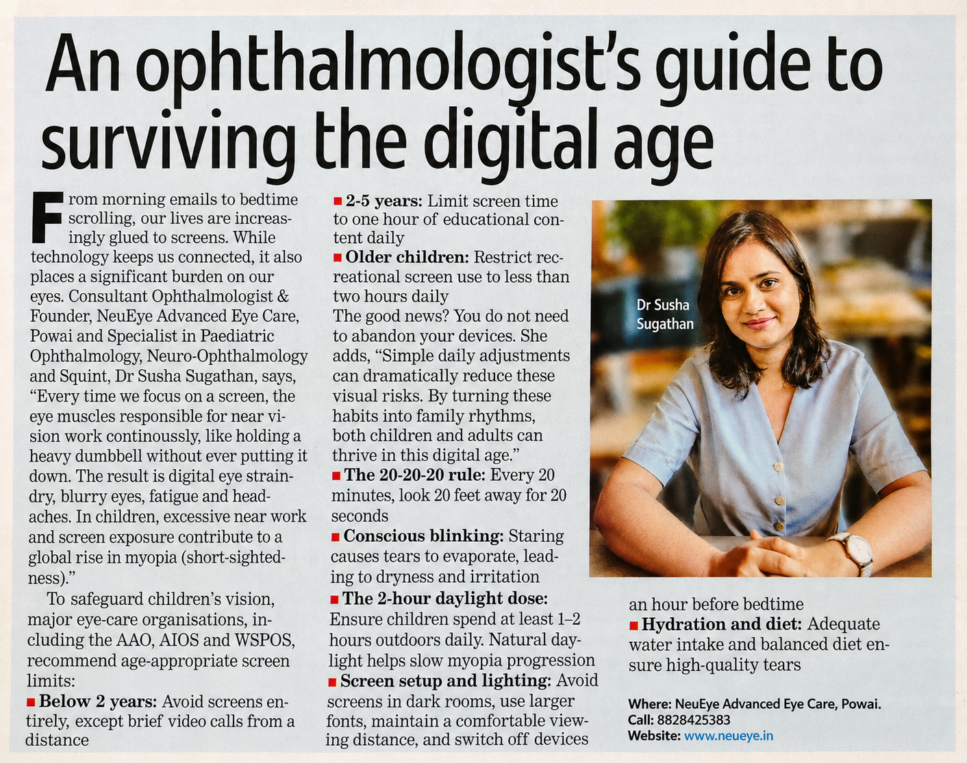 Newspaper article featuring Dr. Susha Sugathan of NeuEye Advanced Eye Care, titled 'An ophthalmologist’s guide to surviving the digital age,' offering advice on digital eye strain.
